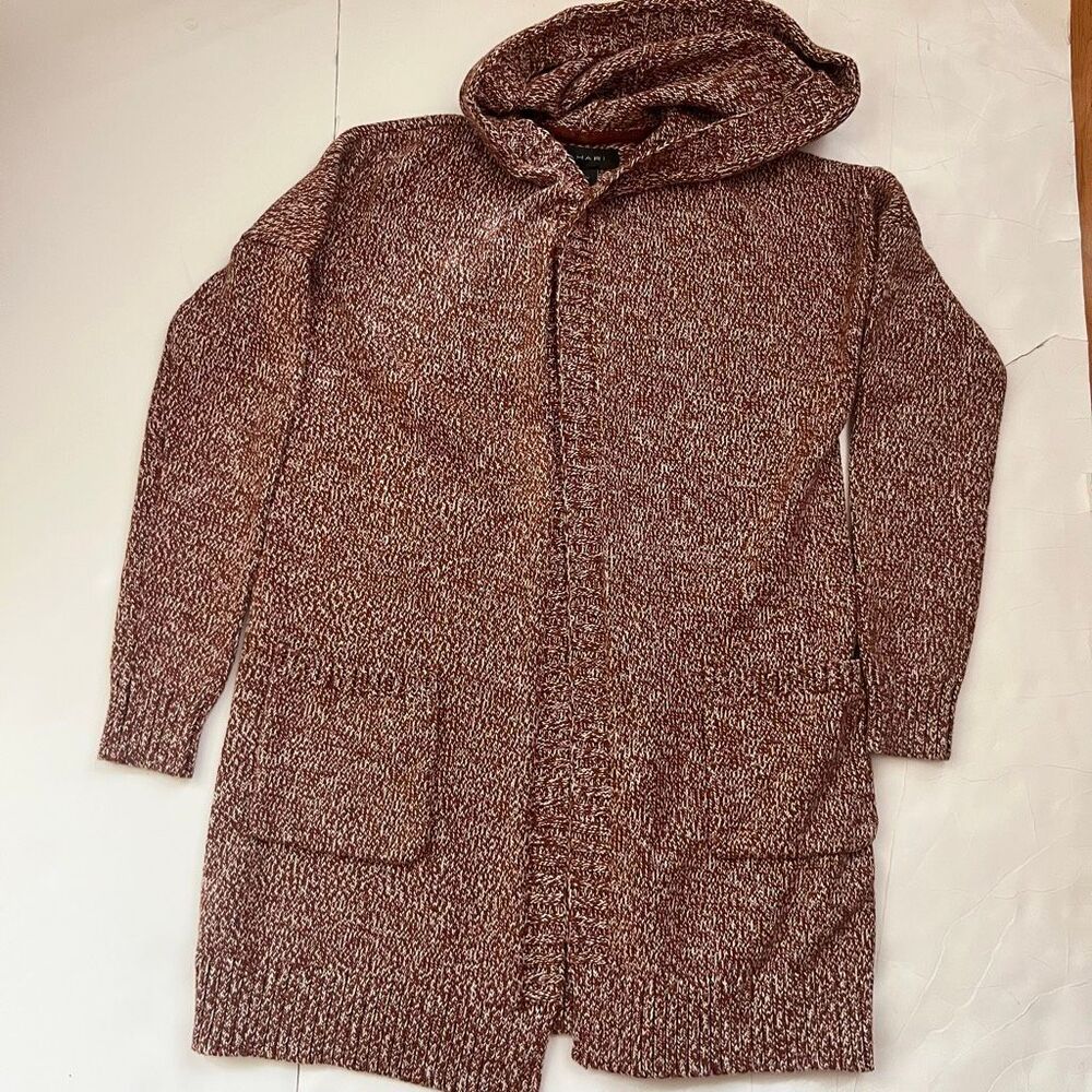 Tahari Women's Marled Open Front Long Sleeve Hooded Cardigan Brown White Size XS